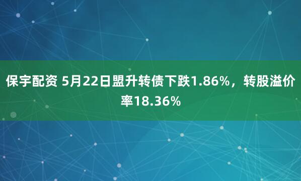保宇配资 5月22日盟升转债下跌1.86%，转股溢价率18.36%